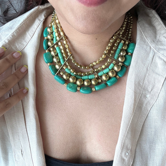 The Enache Turquoise & Gold Beaded Bib Statement Necklace TheEnache