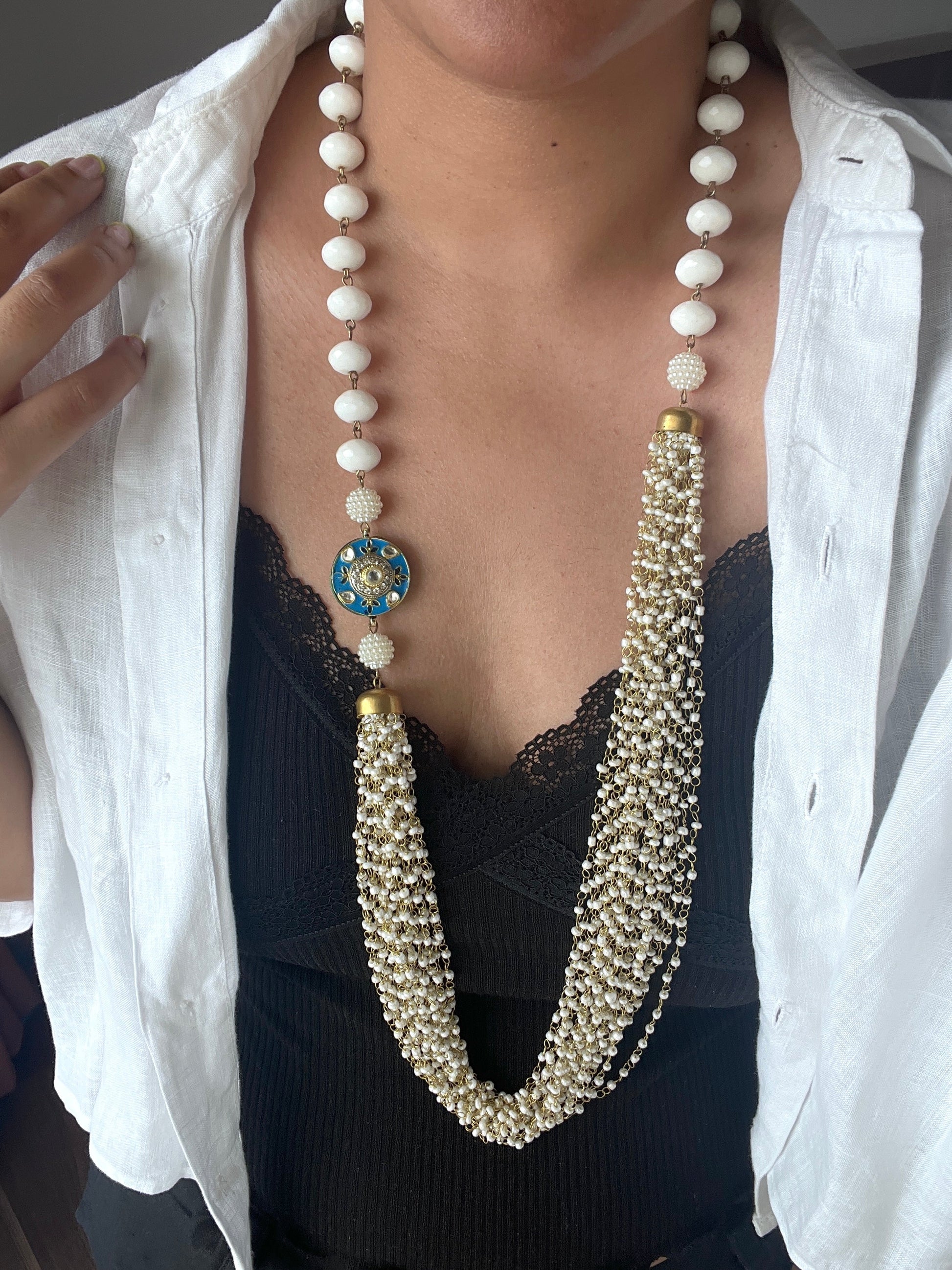The Enache White Kundan Long Beaded Chunky Necklace TheEnache