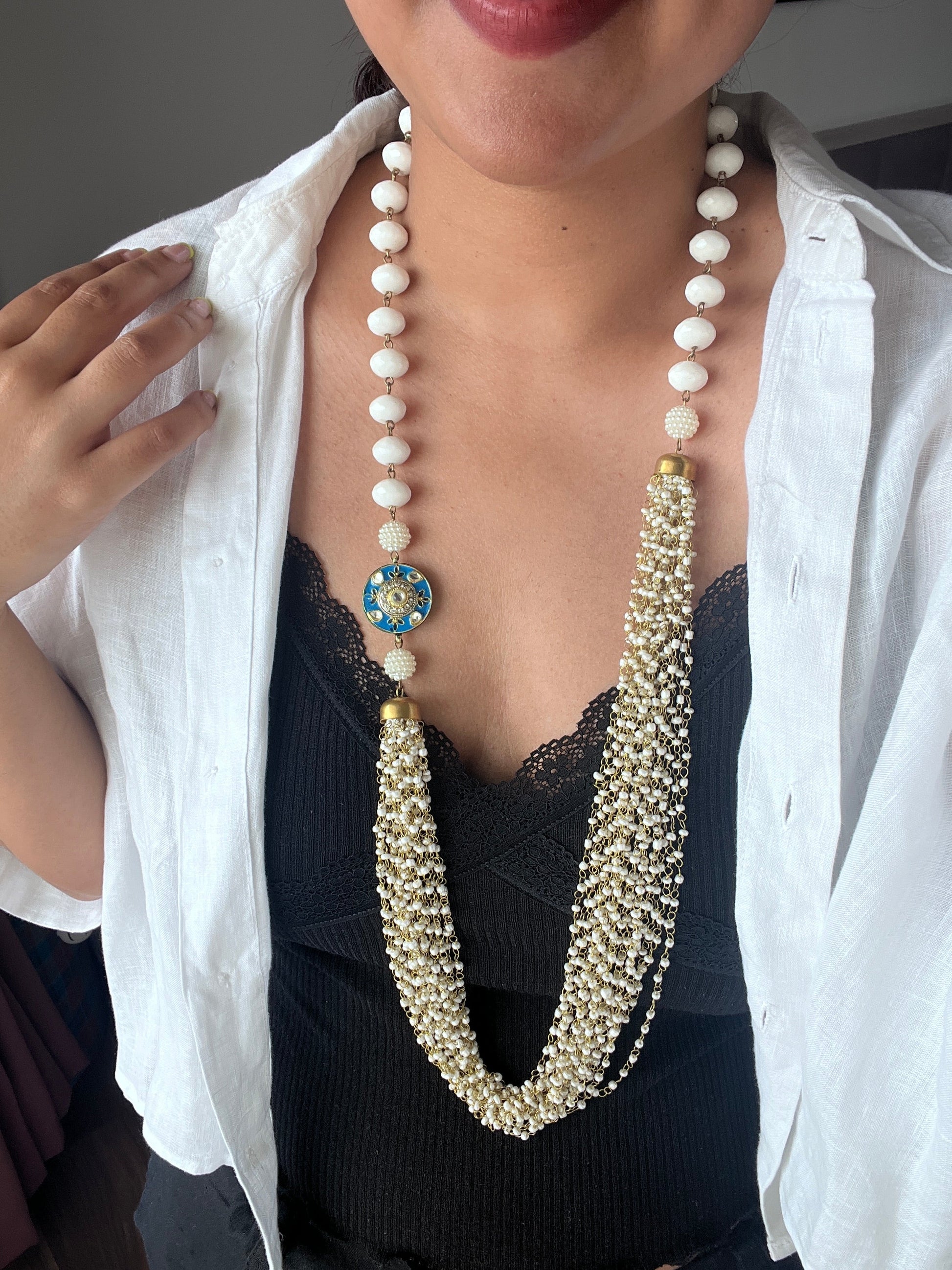 The Enache White Kundan Long Beaded Chunky Necklace TheEnache