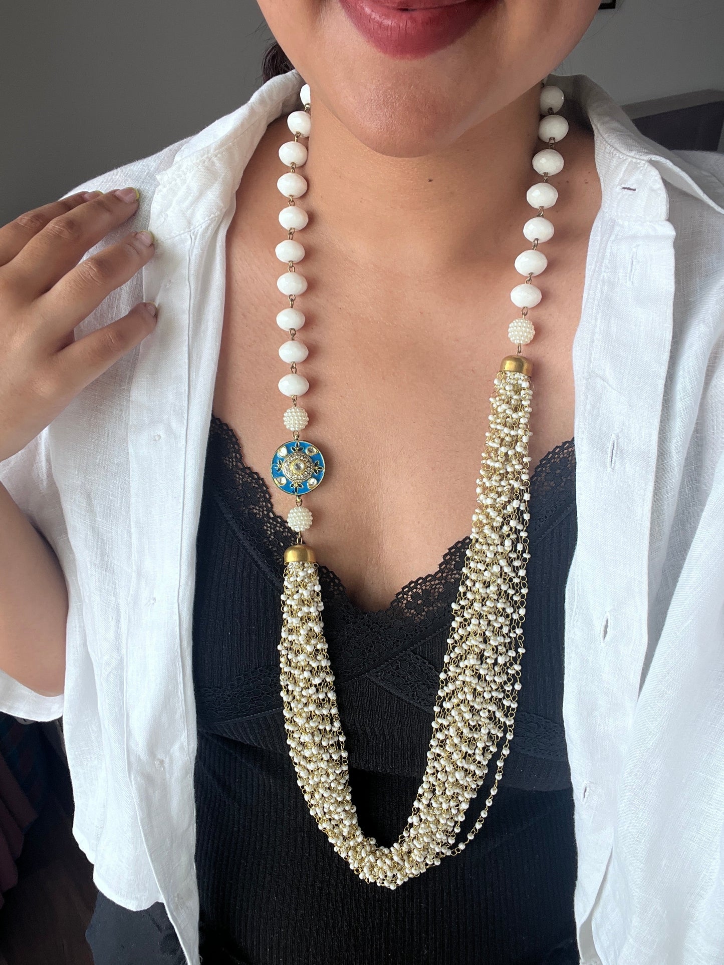 The Enache White Kundan Long Beaded Chunky Necklace TheEnache