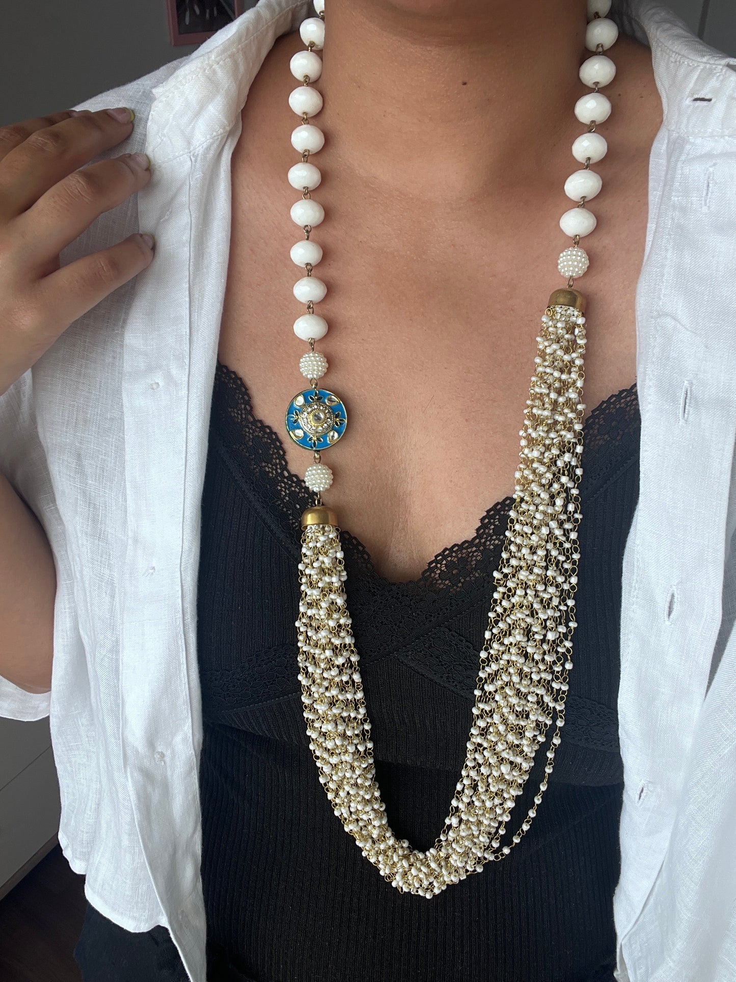The Enache White Kundan Long Beaded Chunky Necklace TheEnache
