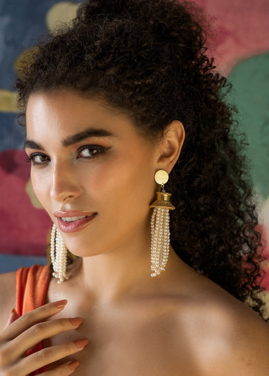 The Enache White Pearl Beaded Tassel Chandelier Earrings TheEnache