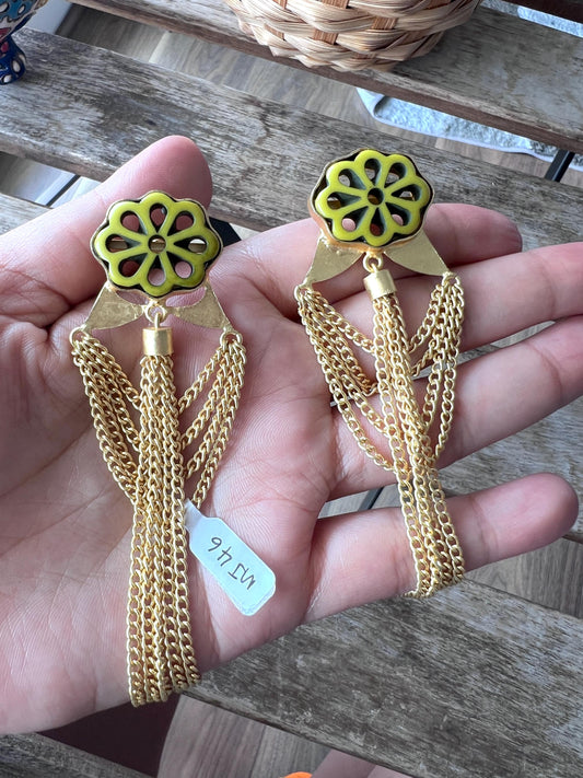 The Enache Yellow Flower Long Chunky Large Boho Style Chandelier Statement Earrings - Fun Festival Gold Chain Tassel Earrings - Carved Gemstone Jewelry TheEnache